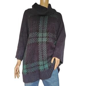 Lands’ End 1X Plaid Cowl-Neck Poncho Sweater Navy/Green Tartan